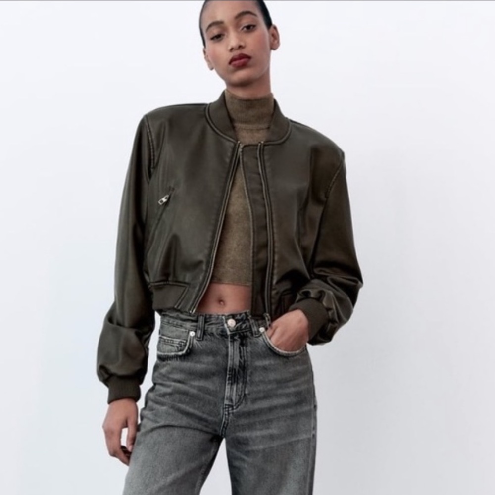 Zara brown leather bomber jacket